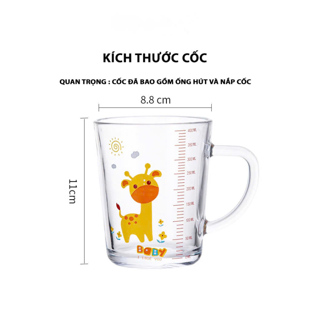 Ly Thuỷ Tinh Có Vạch Chia Ml / Cốc Thuỷ Tinh Chia Vạch Ml Lường nước Có Nắp Đậy Chống Tràn Kèm Ống Hút Cho Bé- Hàng chính hãng