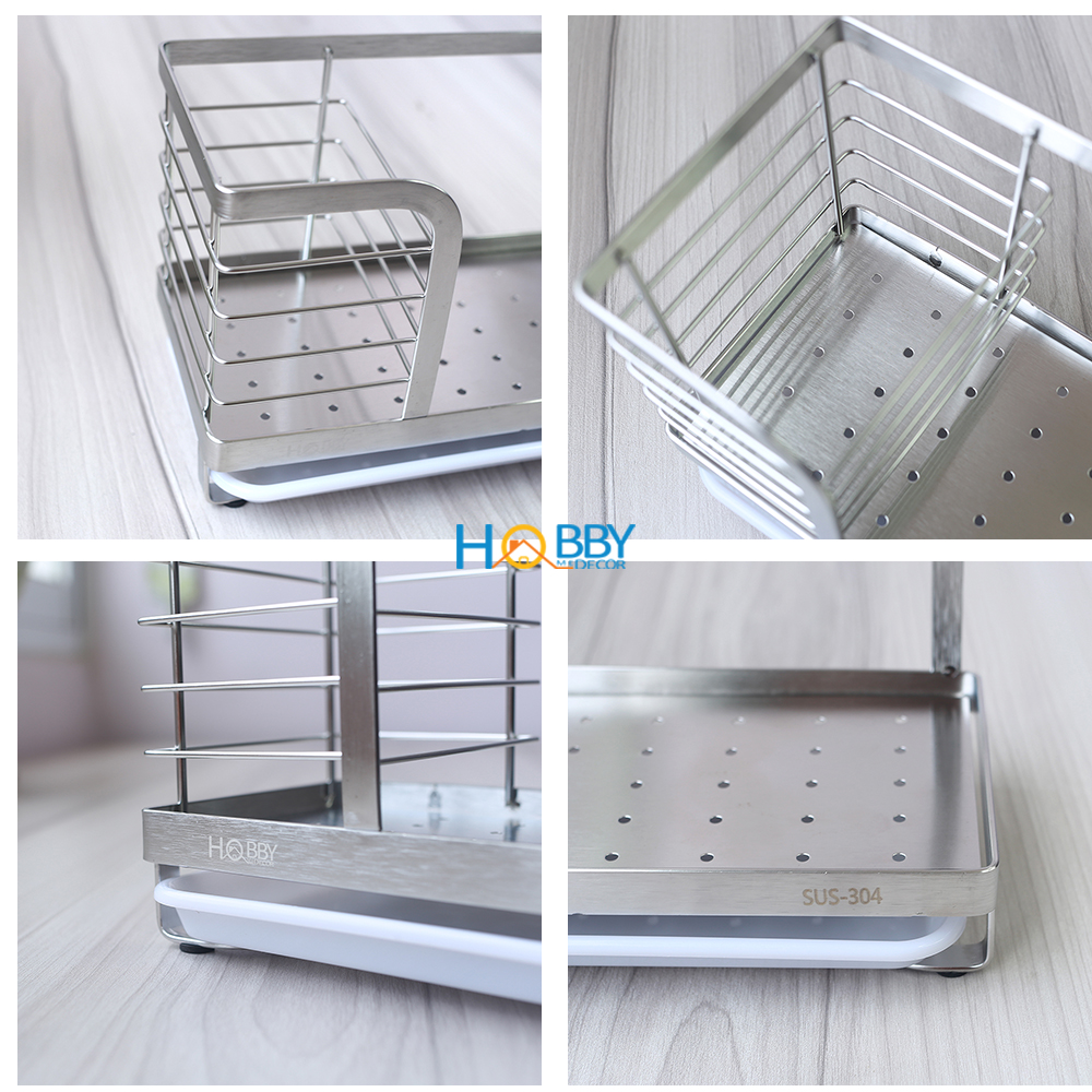 Kệ rổ đựng dụng cụ rửa chén Inox 304 HOBBY KRC7 kèm khay hứng nước và miếng dán tường - có keo dán Sealant fix