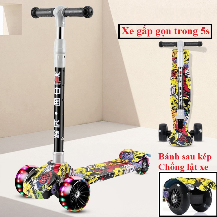 Xe trượt scooter, xe scooter cho bé 4 bánh cao su lì phát sáng