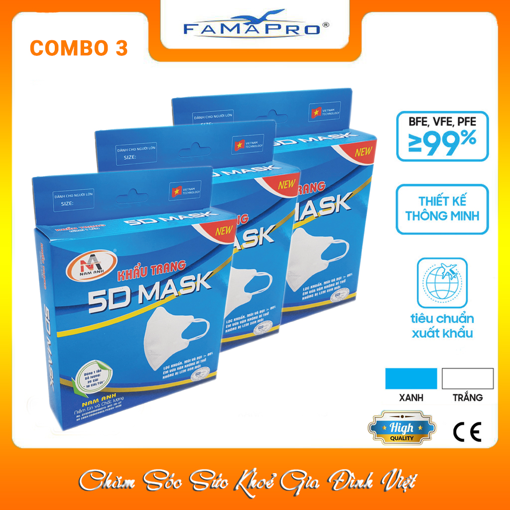 [COMBO Ưu Đãi 3 Hộp] Khẩu trang kháng khuẩn Famapro 5D Mask/Kháng khuẩn, virus, bụi 99% /Chính Hãng 10 cái/hộp)