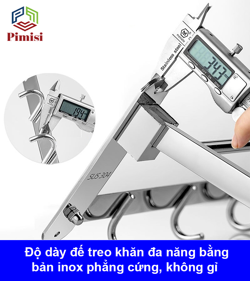 Kệ giá treo khăn tắm dán tường trong nhà vệ sinh Pimisi PR-011WM inox 304 giàn đa năng có kèm keo dán | hàng chính hãng