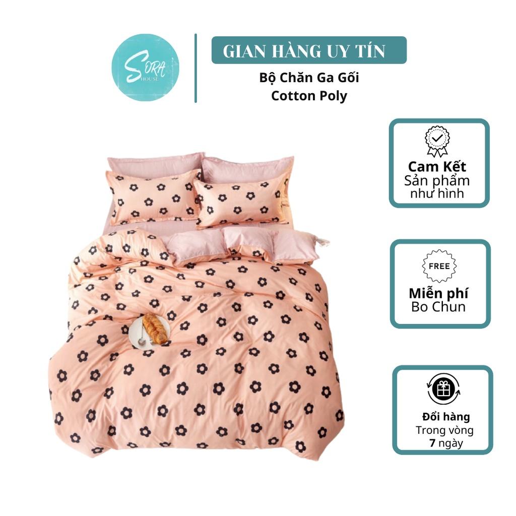Bộ Chăn Ga Gối Cotton Poly Hoa Đen Hồng 4 Cánh
