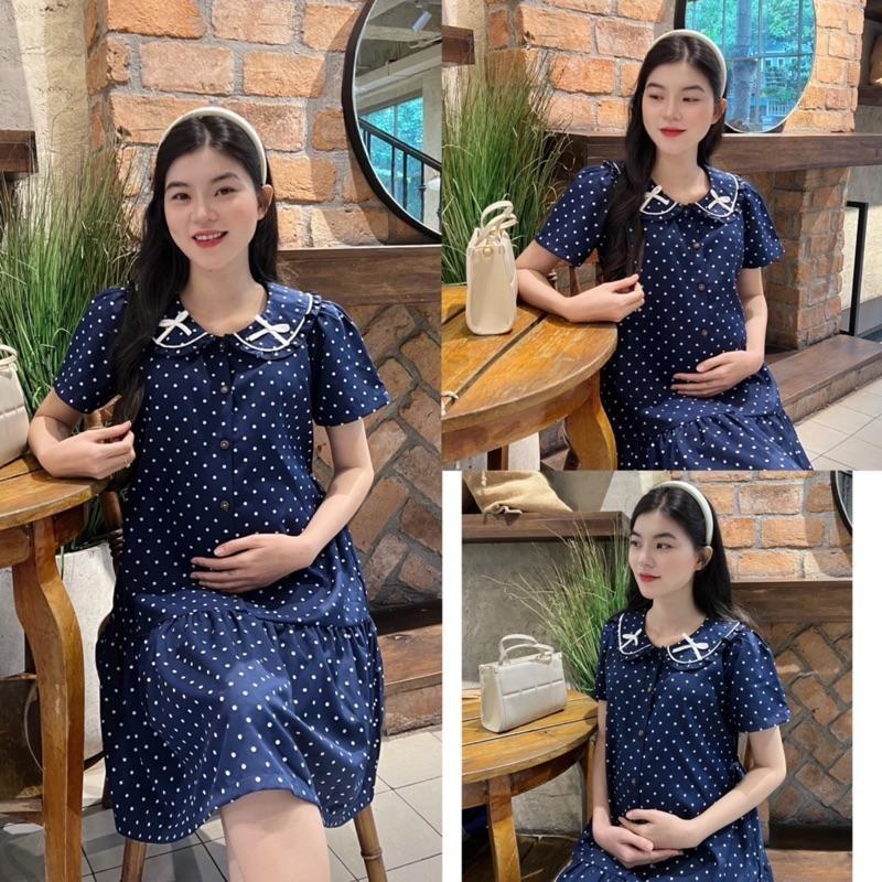 Đầm bầu chấm bi cổ sen đính nơ dễ thương, thanh lịch phù hợp cho mẹ bầu và sau sinh - Trắng kem