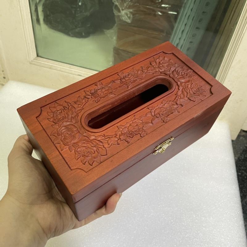 Hộp Đựng Giấy Ăn GỖ HƯƠNG Chạm Khắc Hoa Hồng Leo Có Viền