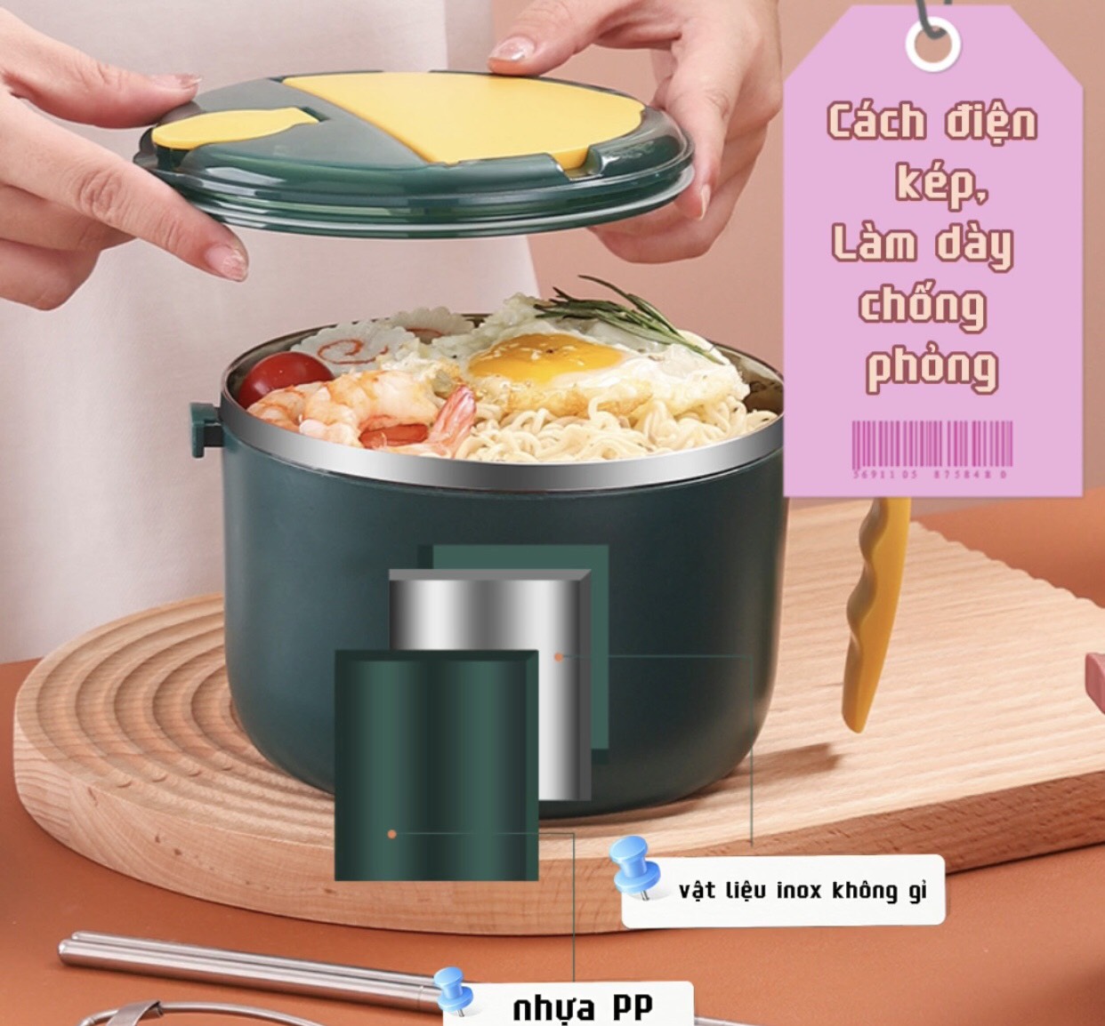 Nồi úp mì- Nồi ăn mì, cơm, cháo, phở - inox 2 lớp cách nhiệt có nắp đậy kèm đũa muỗng / Có thể tháo quai cầm  CHẤT LIỆU INOX 304 cao cấp không gỉ