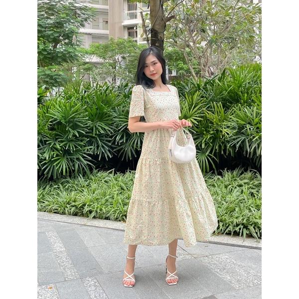 Đầm dài cô vuông hoa nhí- Thiết kế từ
