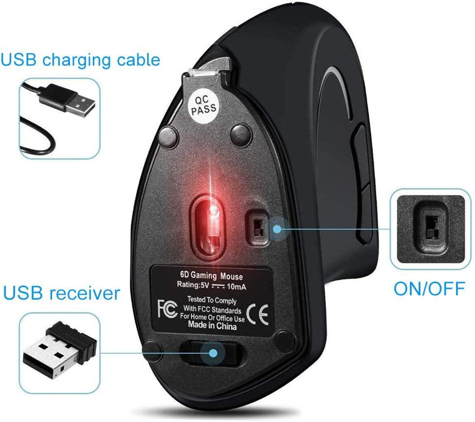 Chuột dọc không dây, chuột công thái học USB có thể sạc lại 2.4GHz, 3 cấp độ DPI có thể điều chỉnh 800/1600/2400, 6 nút, cho bên phải -hander
