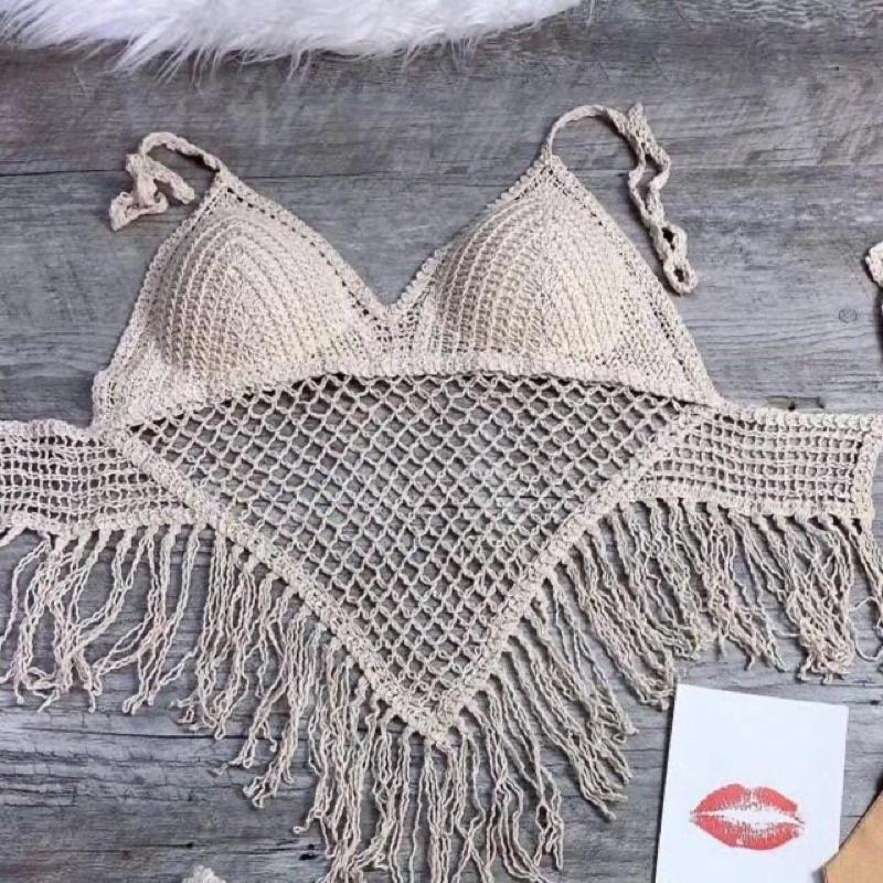 Set ren đi biển áo bra tua rua tam giác + quần ren có dây buộc