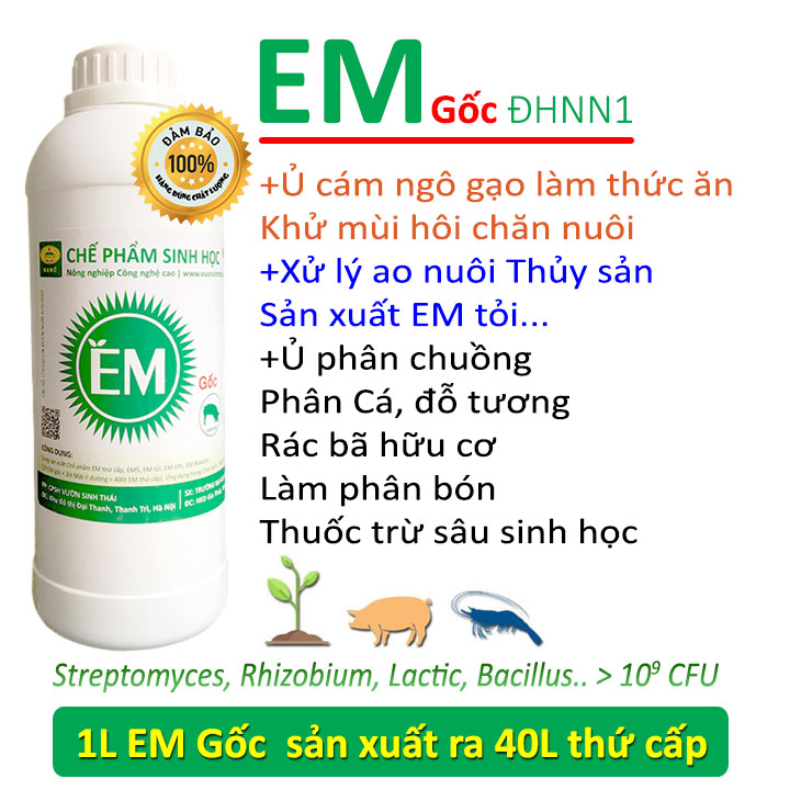 Chế phẩm sinh học EM gốc. Dùng cho Nông Nghiệp Sạch. Men vi sinh Đại Học Nông Nghiệp 1 Hà Nội. Chứa hàng tỷ bào tử hữu hiệu. Từ 1 lít EM gốc sản xuất ra 40 lít EM thứ cấp