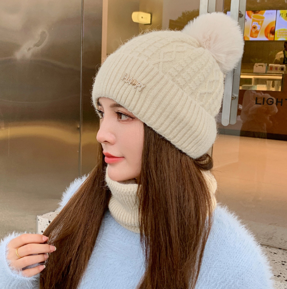 Mũ len quả bông nữ kèm khăn phong cách Hàn mới, sét nón len nữ cao cấp