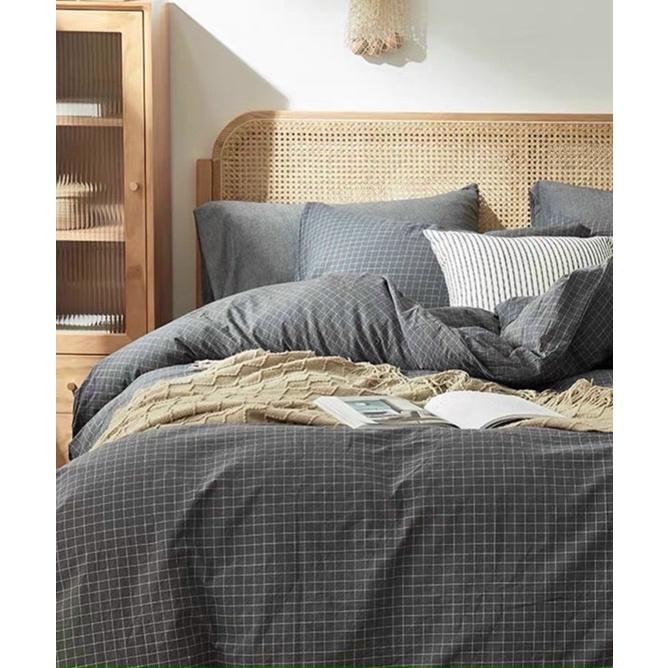 Bộ Chăn Ga Cotton Poly Họa Tiết Caro Đen nhỏ tí - Phong Cách Hàn Quốc