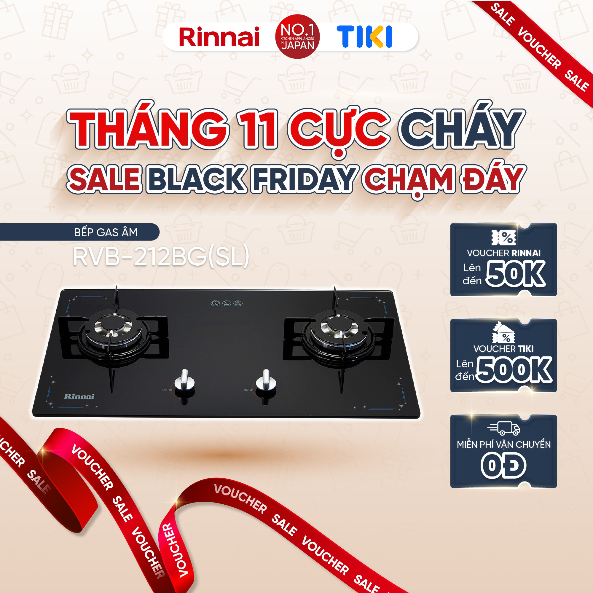 Bếp gas âm Rinnai RVB-212BG(SL) mặt bếp kính và kiềng bếp men - Hàng chính hãng.