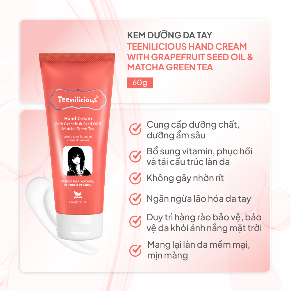 Kem Dưỡng Da Tay Teenilicious Hand Cream With Grapefruit Seed Oil &amp; Matcha Green Tea Giúp Dưỡng Ẩm Da 60g