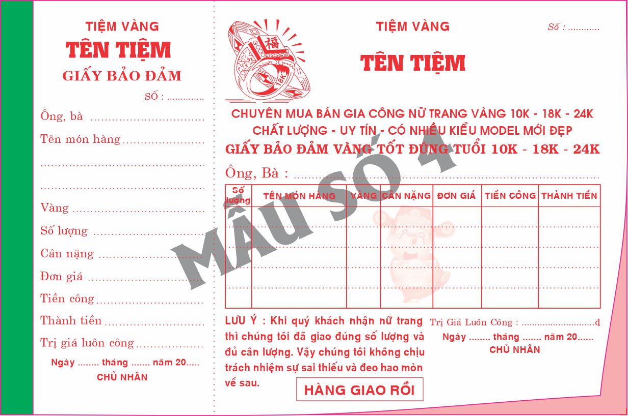 Giấy bảo đảm tiệm vàng 2 liên-block 10-chọn mẫu in tên