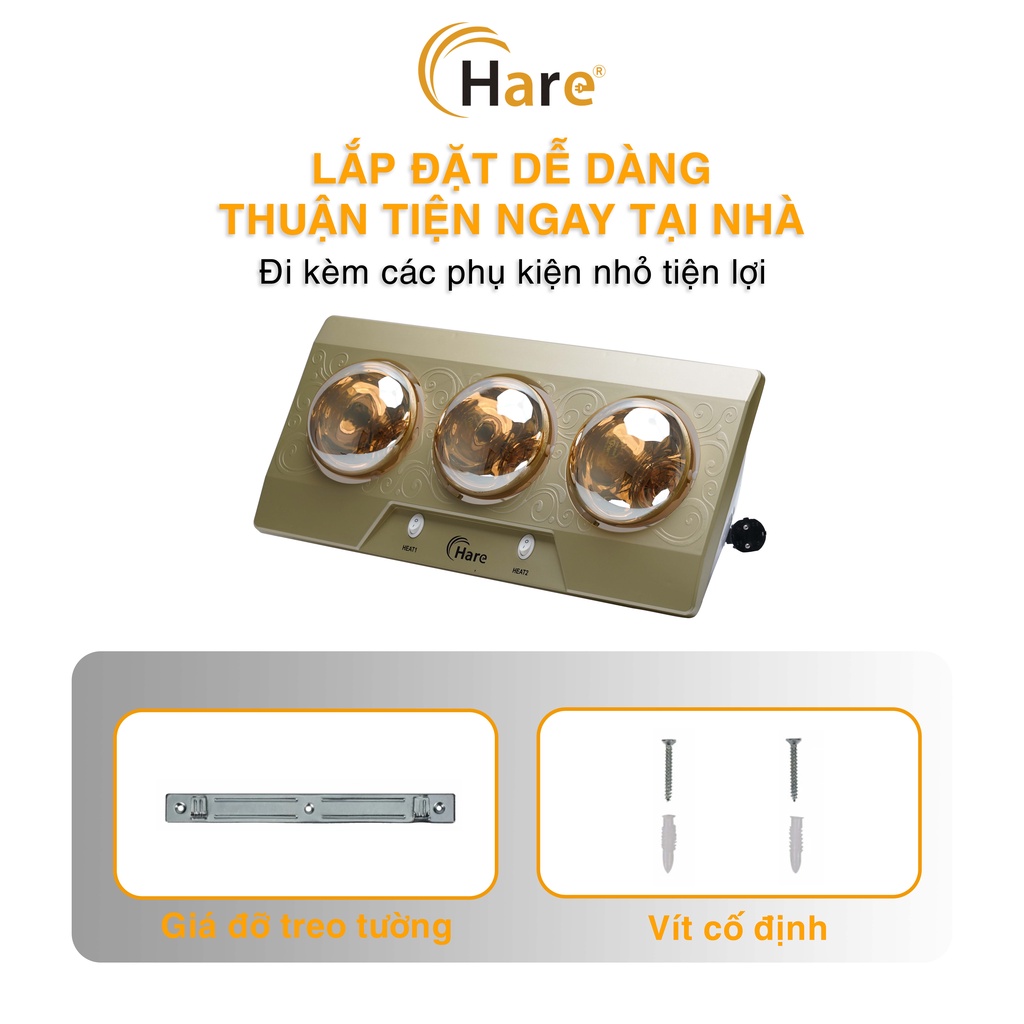 Đèn sưởi nhà tắm cao cấp sưởi ấm nhanh, chống loá, đui sứ chống cháy nổ -hàng chính hãng thương hiệu Hare - bảo hành 36 tháng