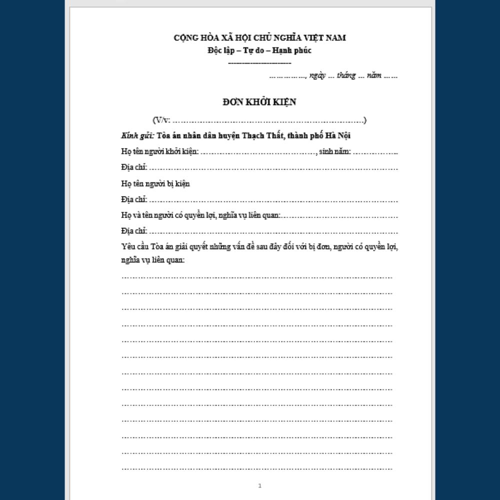 Mẫu đơn ly hôn đơn phương Tòa án huyện Thạch Thất + tài liệu hướng dẫn chi tiết