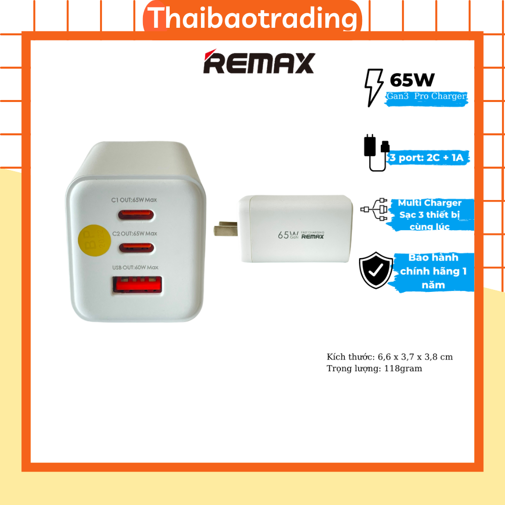 Củ sạc nhanh Remax 3 Port 65W Gan3 Pro Charger - Hàng chính hãng