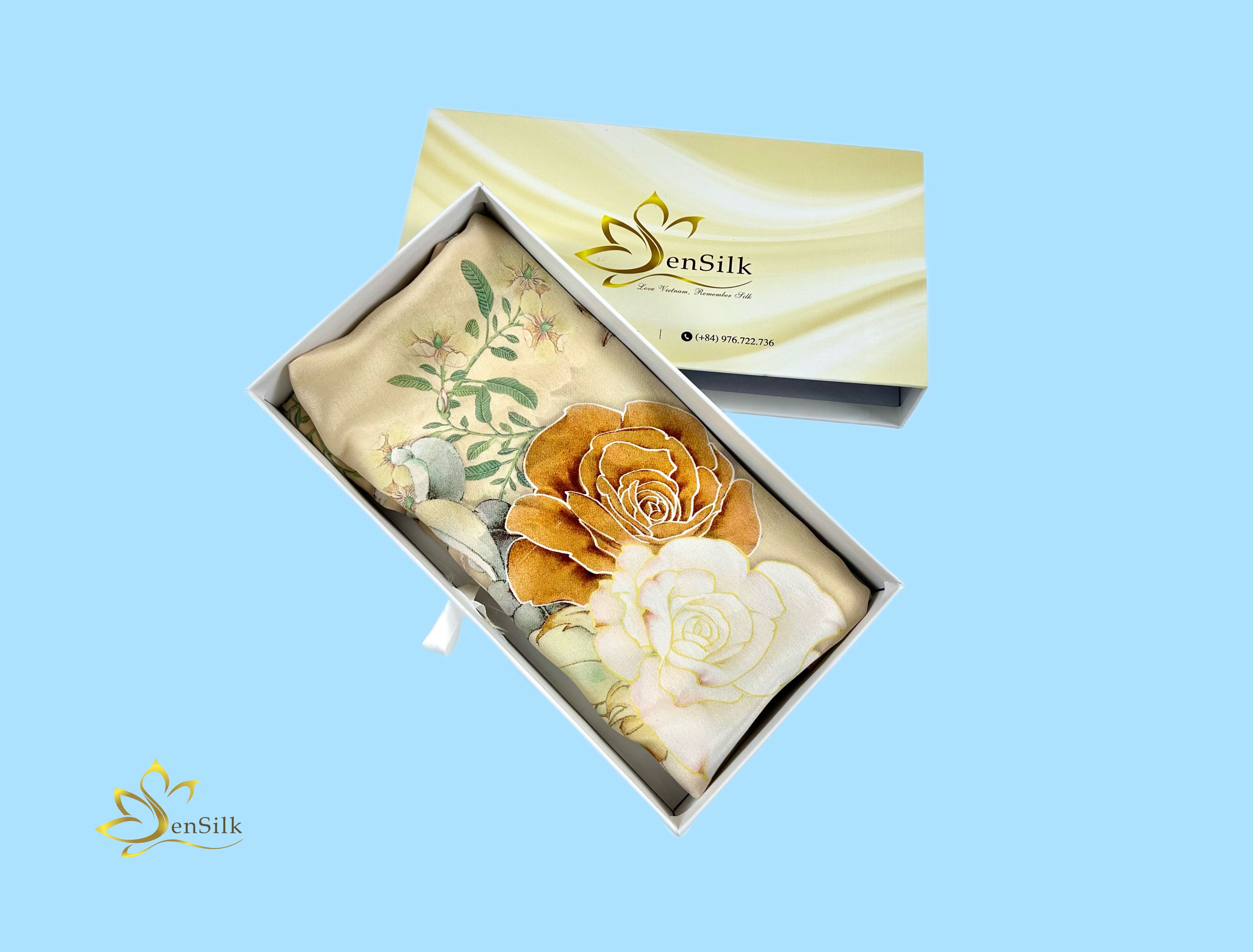 Khăn Lụa Cao Cấp in Kỹ Thuật Số Sen Silk KLDI02 Rose - Printed Silk Scarves - Quà Tặng Khách Nước Ngoài