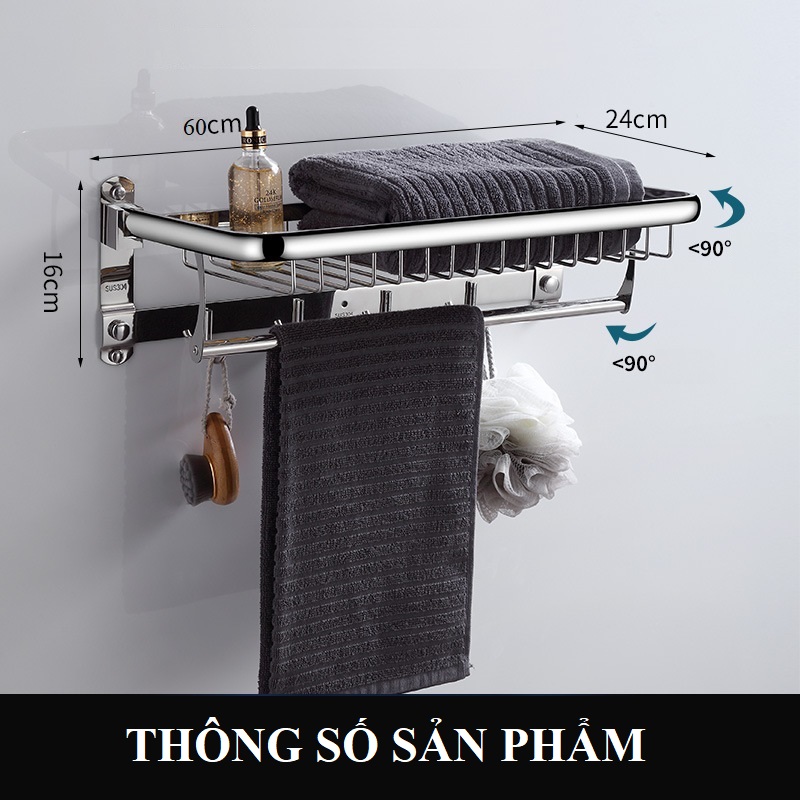 Giá treo khăn tắm Inox 304 Latimax VKT3 cao cấp - Máng treo khăn kèm móc quần áo đa năng