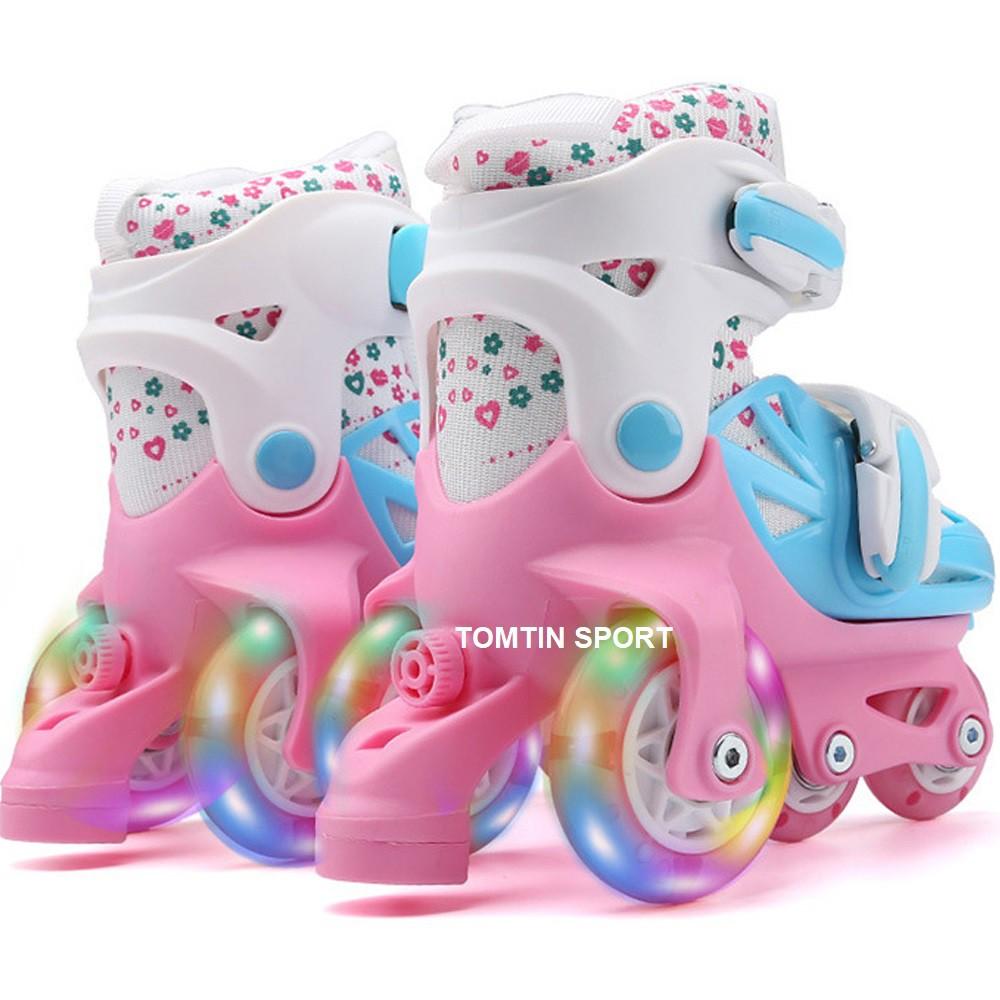 Giày trượt patin cho bé 2 -5 tuổi hãng LEYA với 3 hàng bánh đi được luôn, tặng kèm bảo hộ chân tay, patin có đèn led