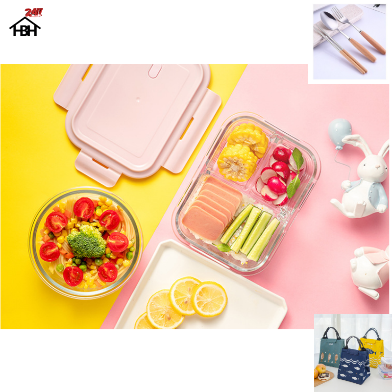 Hộp Cơm Thủy Tinh 3 Ngăn 1050 ml + Túi Cá + Hộp Đũa Thìa Cán gỗ cực kì tiện lợi