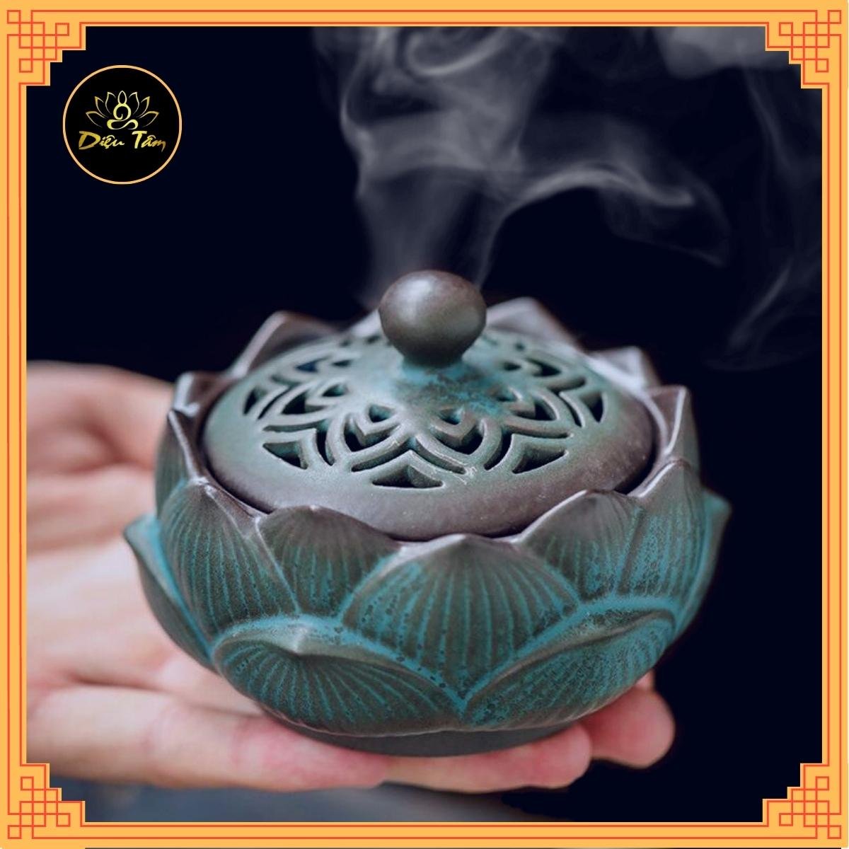 Lư xông trầm bằng gốm dùng để đốt trầm hương, nụ trầm hương, bột trầm hương, nhang vòng trầm lư gốm sen
