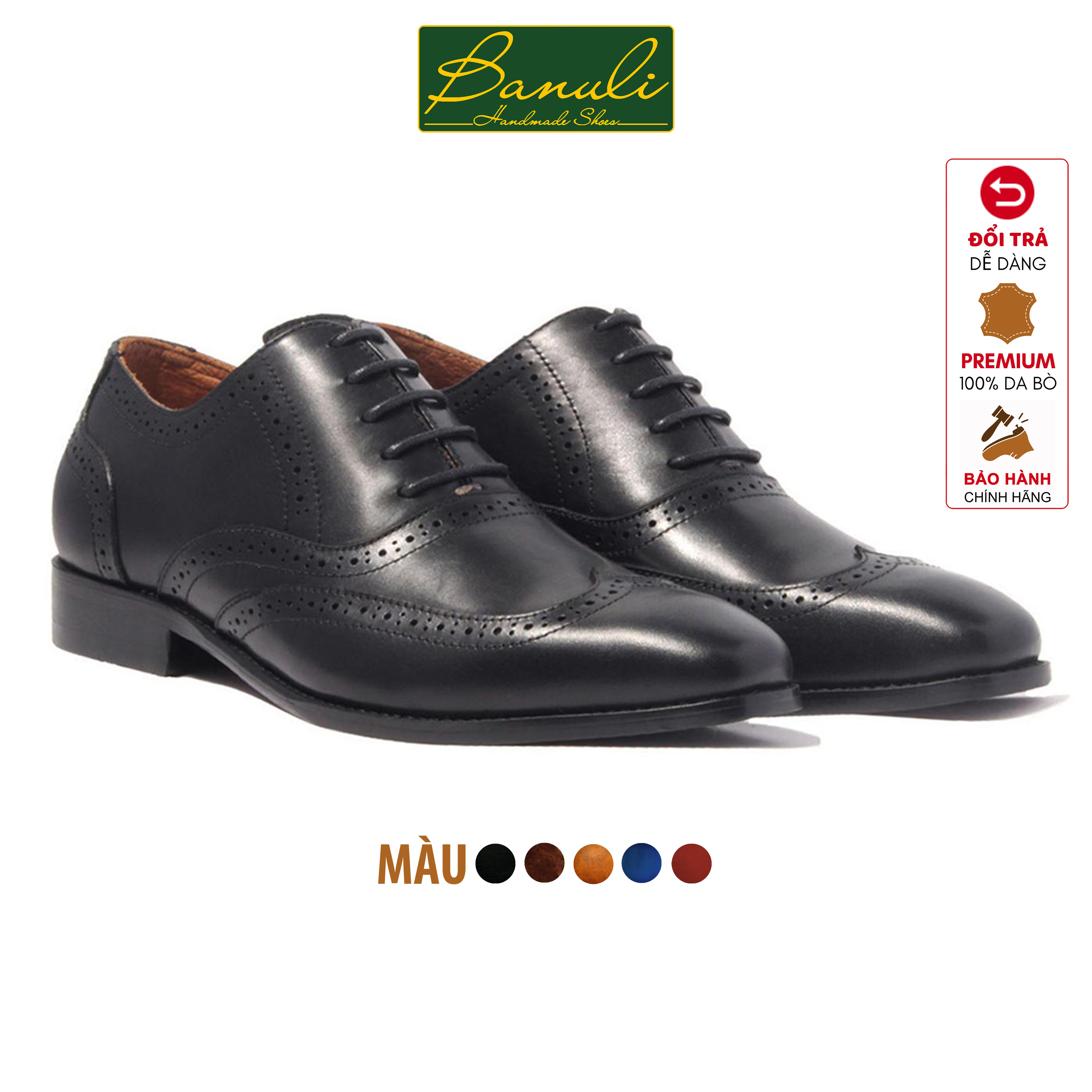 Giày Tây Nam Công Sở Banuli Da Bê Italian Dây Buộc Wingtip Oxford H1WO2 (Da Veg Itali Mềm Dẻo, Đế Siêu nhẹ, Bảo Hành Trọn Đời)