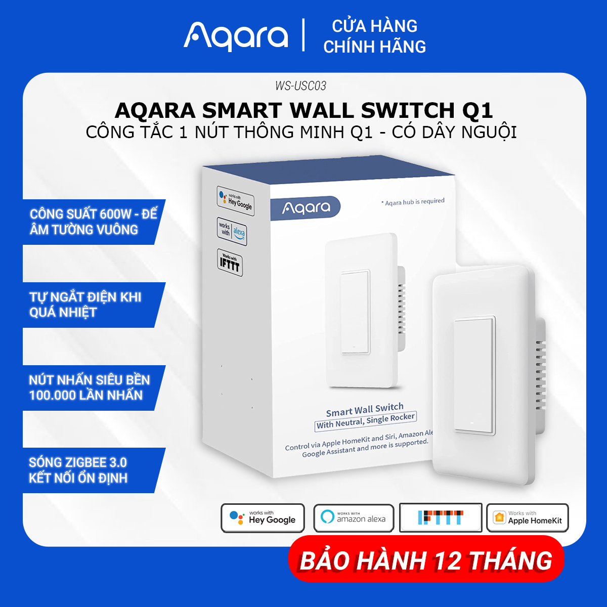 Công Tắc Thông Minh AQARA Q1 Zigbee Bản Có/Không Dây Nguội Điều Khiển Từ Xa Hẹn Giờ Bật Tắt Tương Thích HomeKit, Cần Hub, Hàng Chính Hãng, BH 12 Tháng