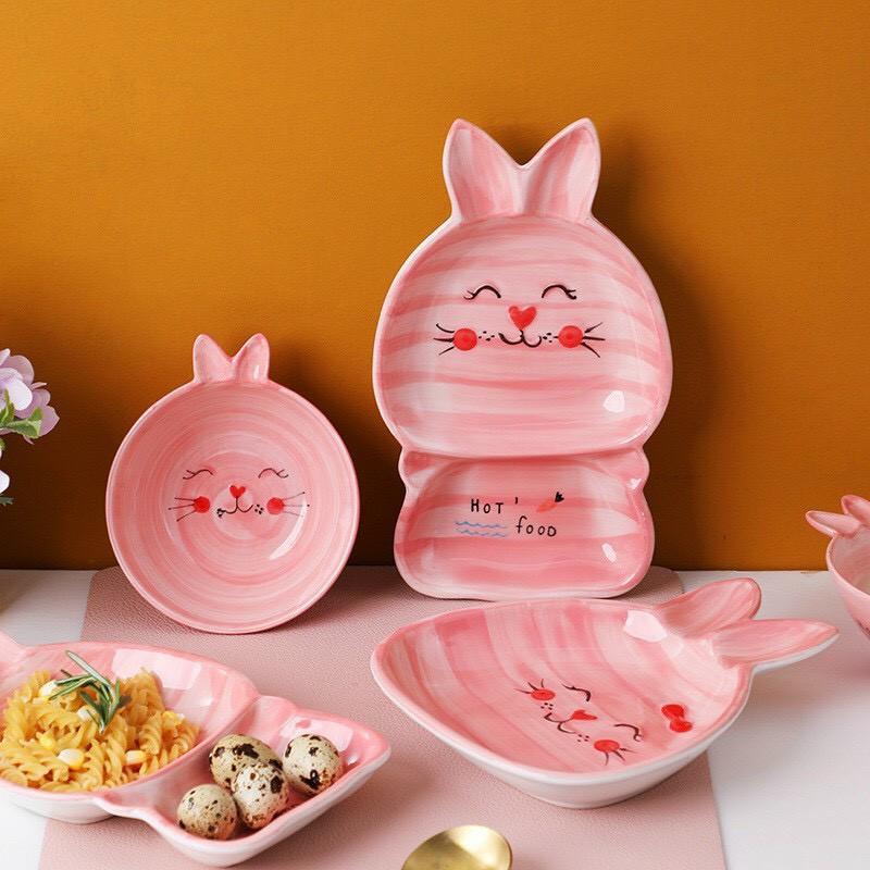 Bát , đĩa sứ ăn dặm -Set thỏ hồng