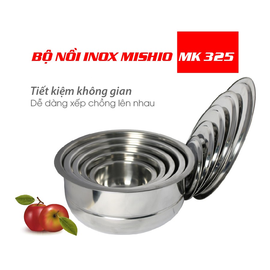 Bộ 07 Nồi Inox Đa Năng Mishio MK 325 (Inox 410) Gồm 7 Nồi + Kèm 01 Xửng Hấp - Sử Dụng Cho Mọi Loại Bếp