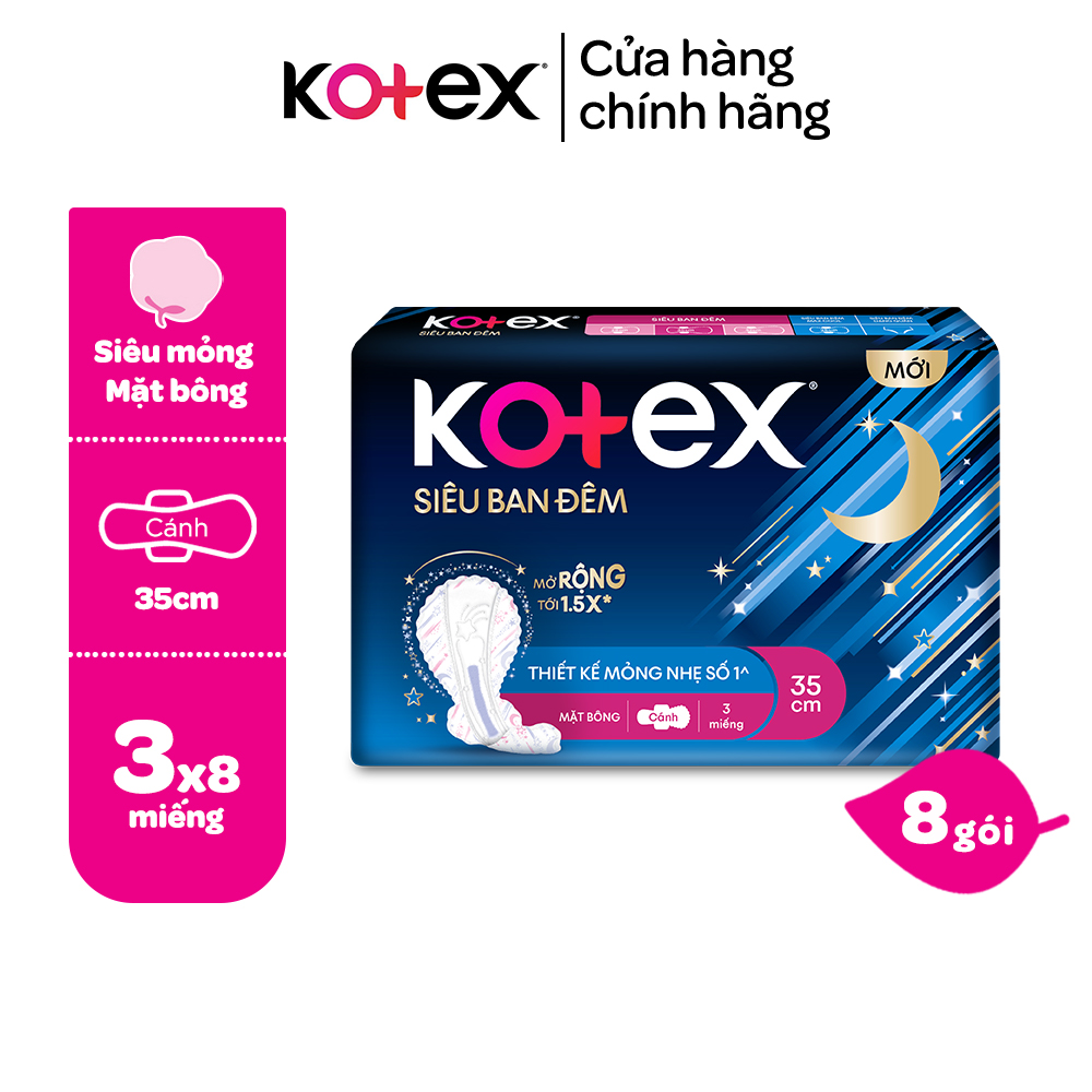 Combo 4 gói băng vệ sinh Kotex ban đêm mặt lưới 8 miếng 35 cm siêu mỏng cánh