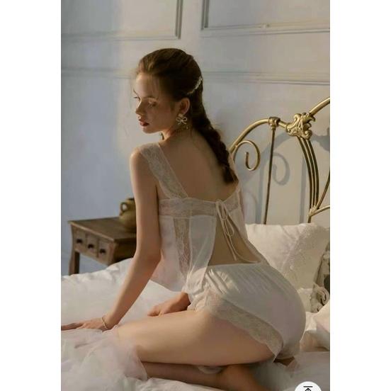 Đồ Ngủ Lụa Satin 2 Dây, Đồ Ngủ Sexy Cột dây, Đồ Ngủ Lụa 2 Dây Nữ, Lụa SATIN phối ren mềm mại, Freesize &lt; 58kg