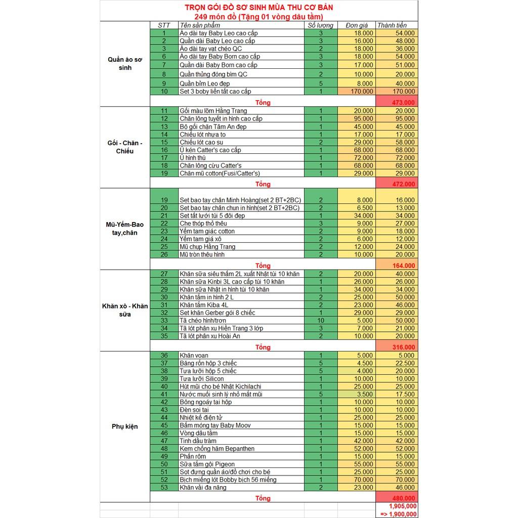 TRỌN GÓI 249 MÓN ĐỒ SƠ SINH CHO BÉ MÙA THU CƠ BẢN