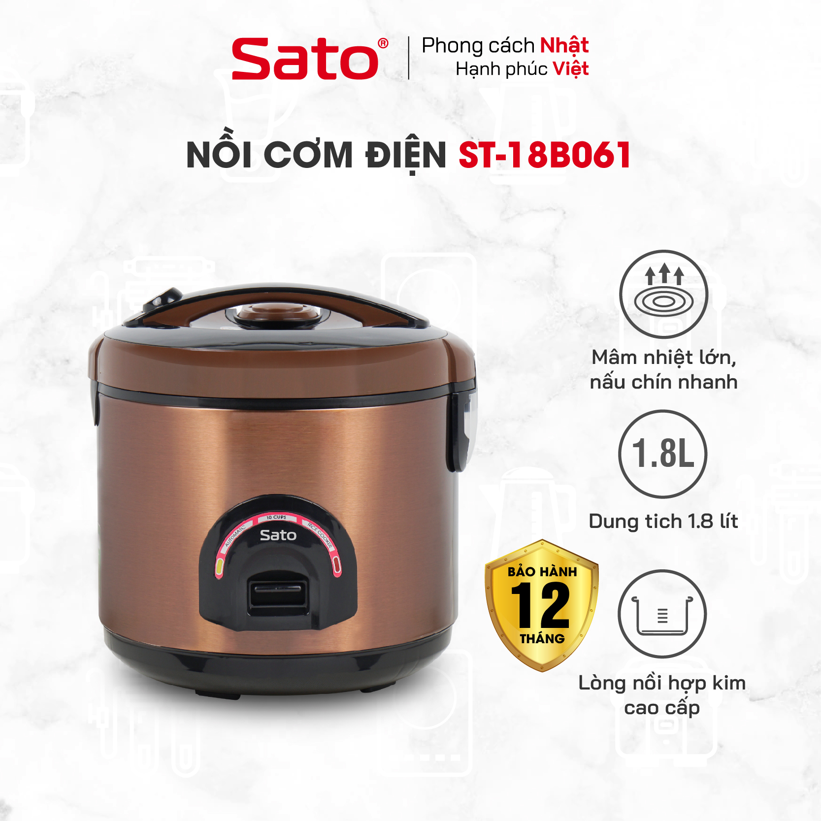 Nồi Cơm Điện SATO 18B061 1.8L - Chế độ ủ ấm đa chiều giúp cơm ngon hơn và giữ ấm được lâu hơn - Miễn phí vận chuyển toàn quốc - Hàng chính hãng