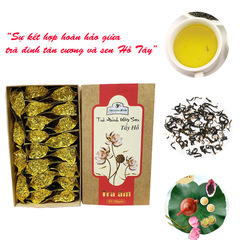 Trà Ướp Hoa Sen Hồ Tây 10 gói x 20 gram - Trà đinh Tân Cương Xanh ướp sen Hồ Tây thơm ngon, thanh khiết, hậu ngọt sâu