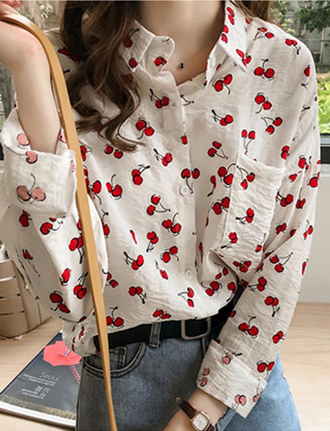 Áo sơ mi nữ vải lụa thời trang công sở in họa tiết cherry nhỏ tươi