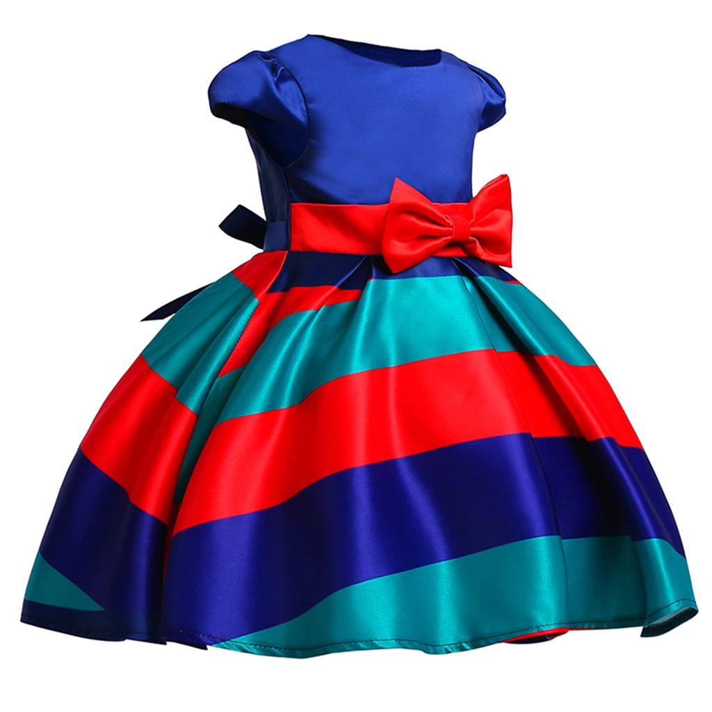 Fashion Flower Girl Dress Red Blue Stripes Bow Wedding Bridesmaid Birthday Pageant Formal Short Sleeve Dresses 3-10 Years