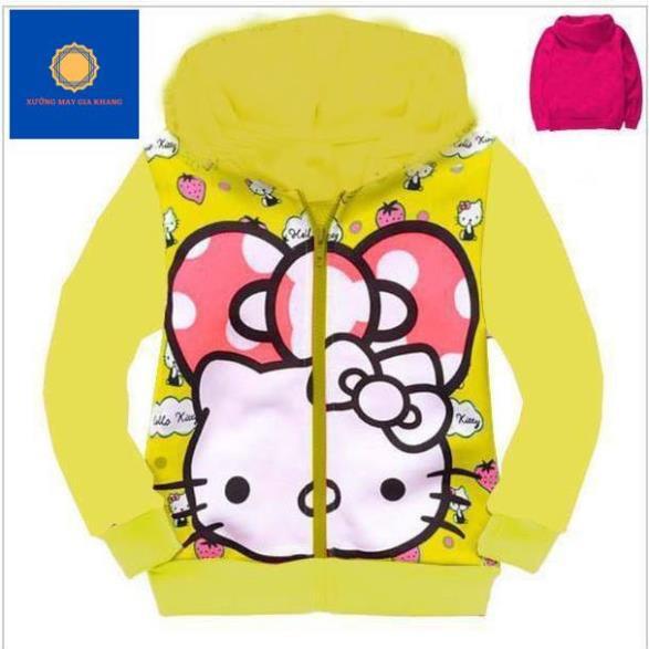 Áo khoác cho bé gái, áo có nón, chất da cá mặc ấm, in 3D Kitty đáng yêu Gia Khang
