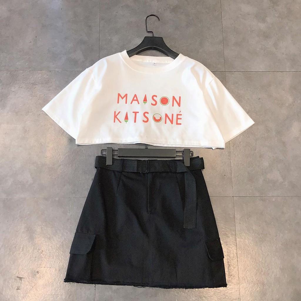 Áo Croptop Tay Lỡ MAISON KITSONE Unisex (Trắng/Hồng) - D14
