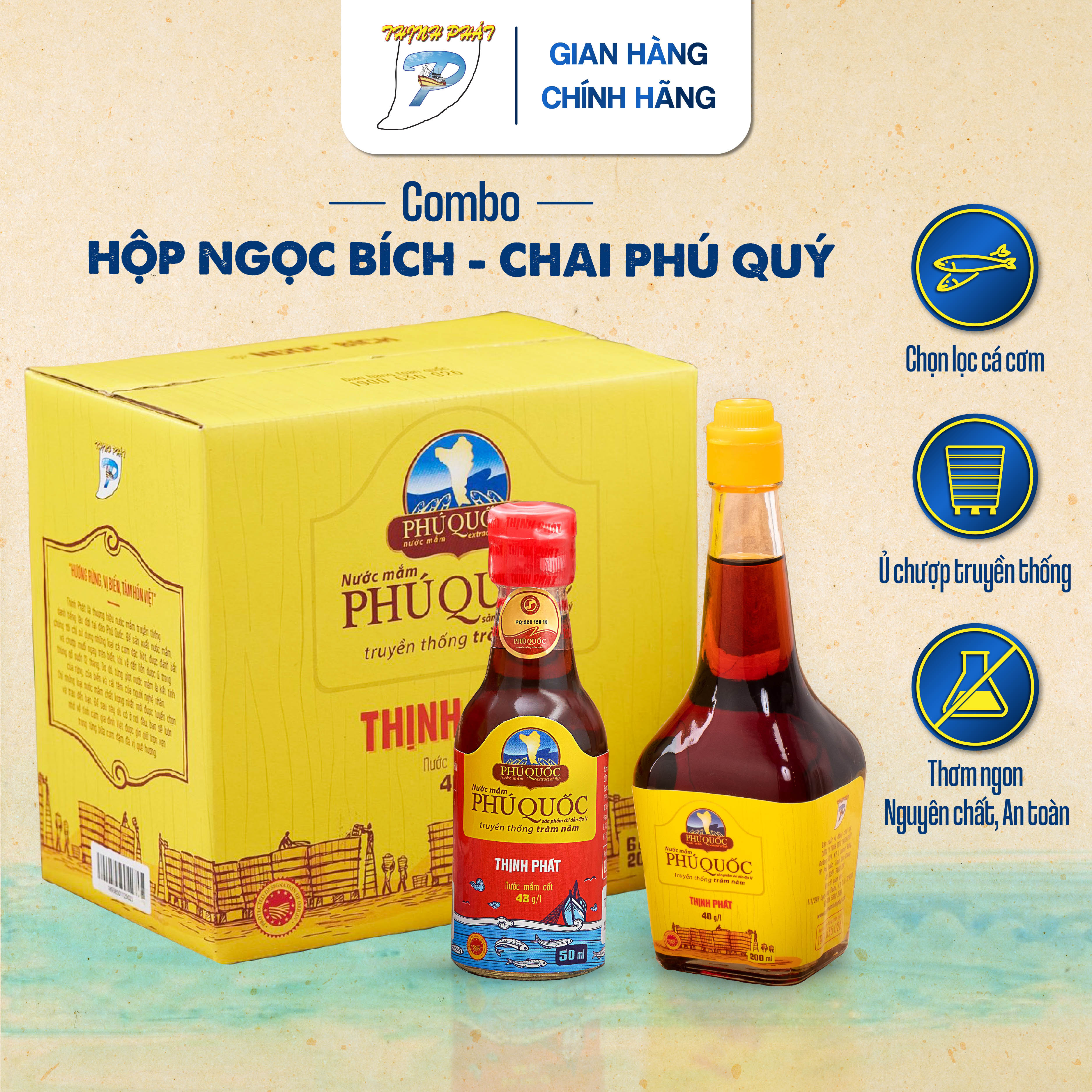 Combo hộp 6 chai Ngọc Bích 200ml 40 độ đạm và 1 chai Phú Quý 50ml 43 độ đạm nước mắm truyền thống Phú Quốc Thịnh Phát