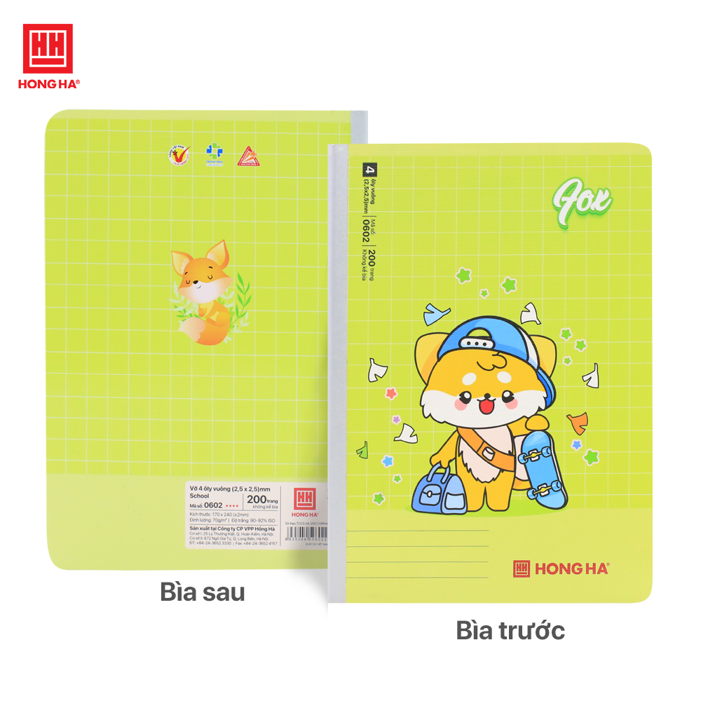 Vở 4 ô ly 200 trang Hồng Hà School Fox gáy may định lượng 70gsm - 0602