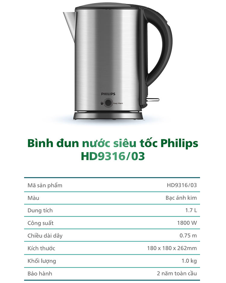 Bình Đun Siêu Tốc Philips HD9316 (1.7L) - Hàng chính hãng