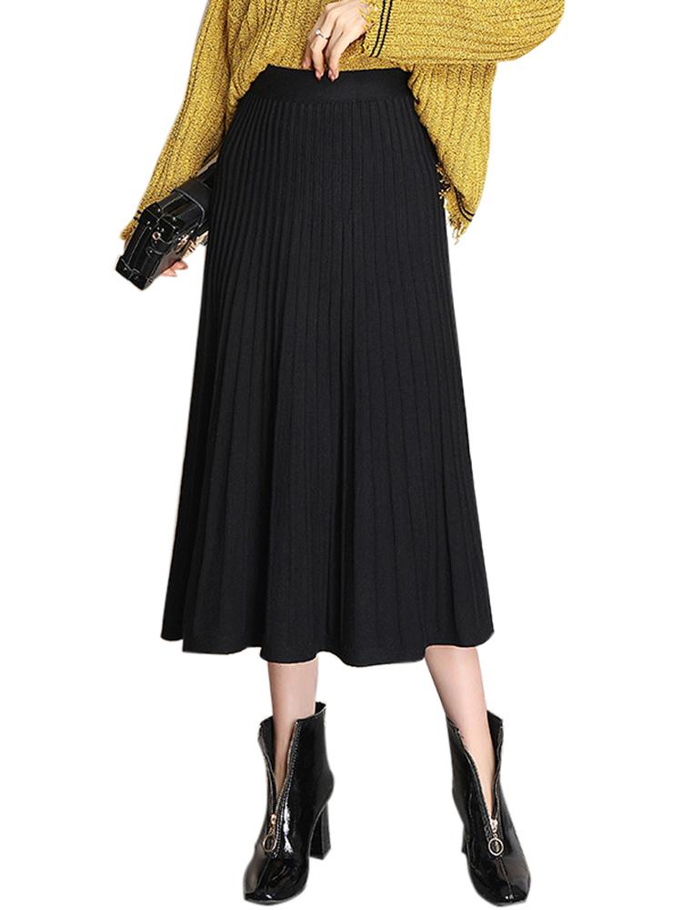 Women Knitted Skirt Solid Color High Waist Ribbed Pleated A-Line Spring Autumn Elegant Vintage Street Wear