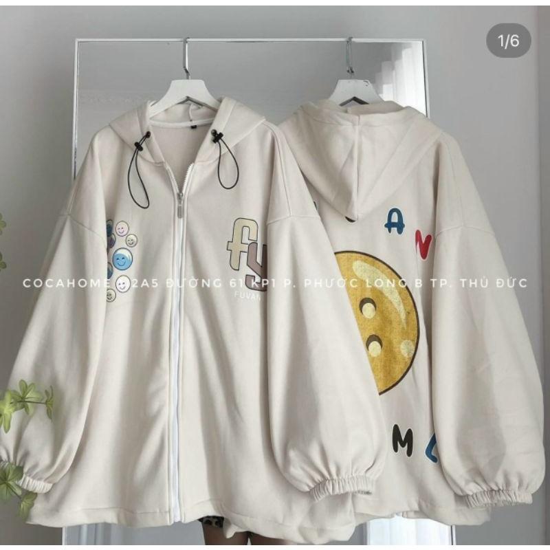 Hình ảnh Áo Khoác nỉ bông FY mặt cười form rộng,tay phồng bo nhún,Mẫu áo nỉ bomber dây kéo phao unisex nam nữ