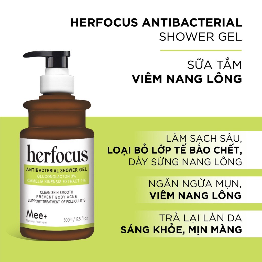 Sữa tắm viêm nang lông HERFOCUS 3% Gluconolactone 500ml