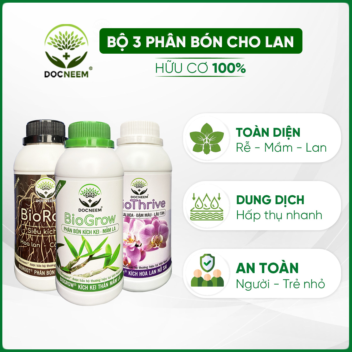 Bộ Phân bón hoa lan toàn diện BIOROOT, BIOGROW, BIOTHRIVE chuyên biệt cho hoa phong lan, giúp kích rễ, nuôi dưỡng thân mầm lá, kích kei, và giúp hoa lan nở sai và đậm màu, dung tích 1.5 lít, hàng chính hãng thương hiệu Docneem