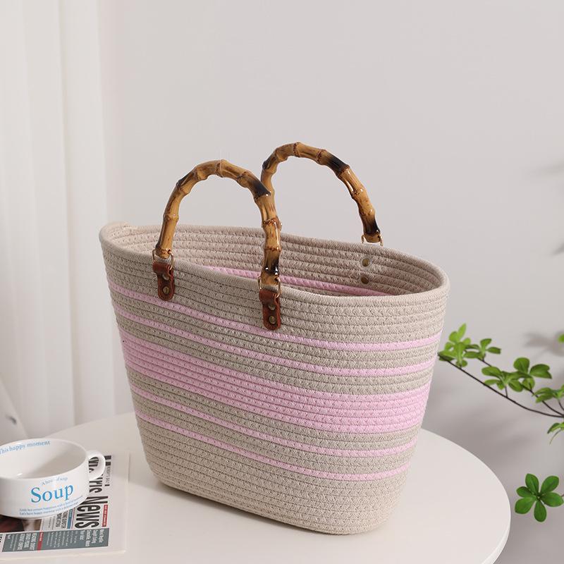 Túi xách tay tote nữ cotton dệt tay cầm tre du lịch đi biển cỡ lớn phong cách thời trang vintage TX35