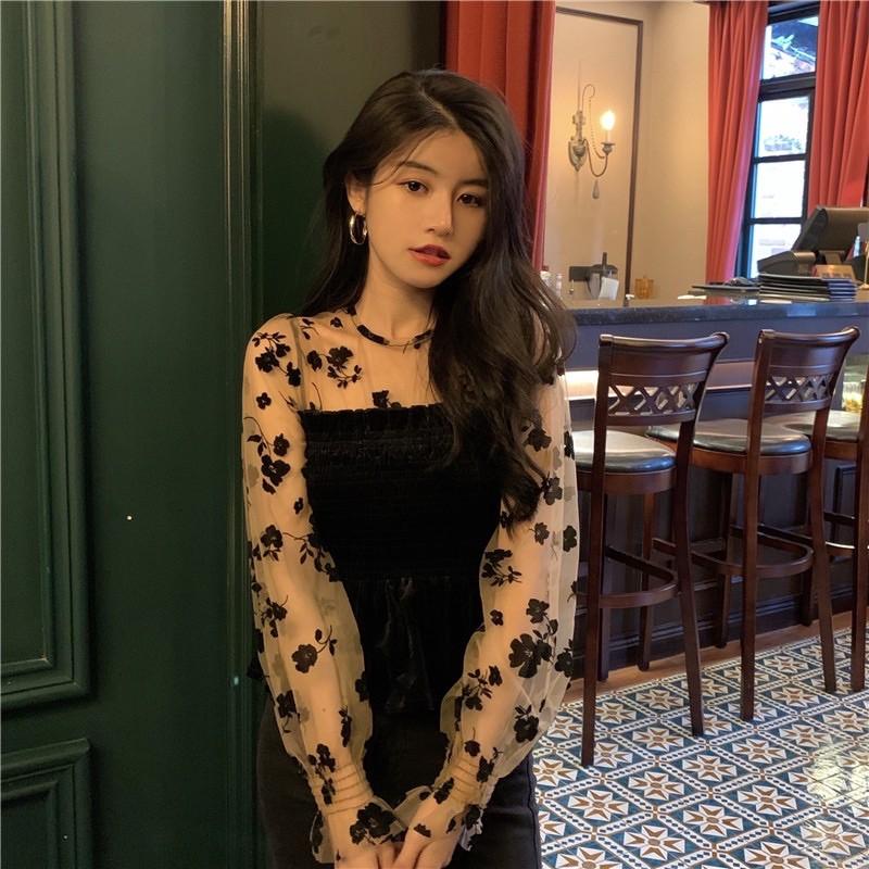 Áo pelum đuôi cá nhung mix sơmi voan hoa