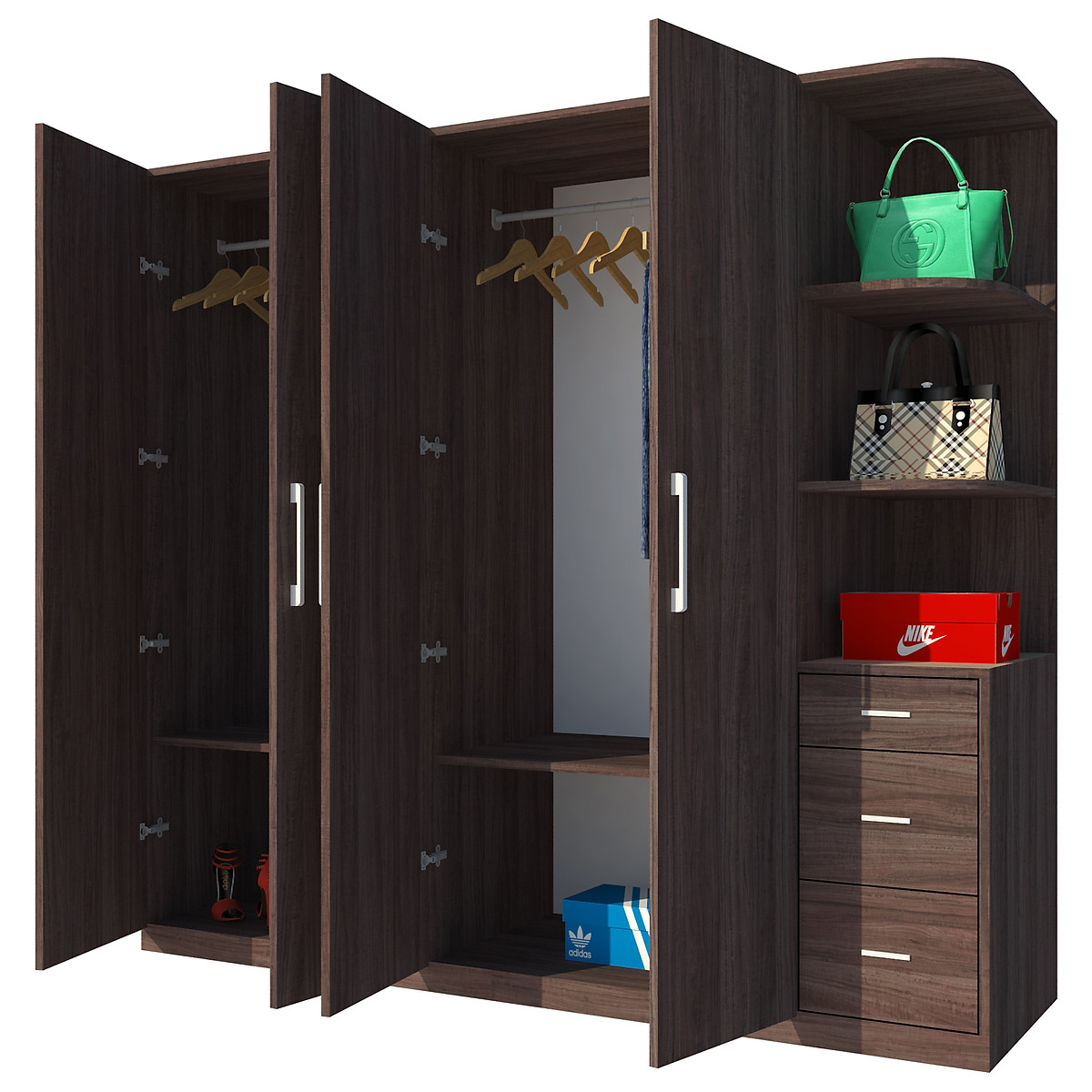 Tủ quần áo gỗ MDF Tundo 4 cánh 3 ngăn kéo màu nâu 220 x 55 x 200cm