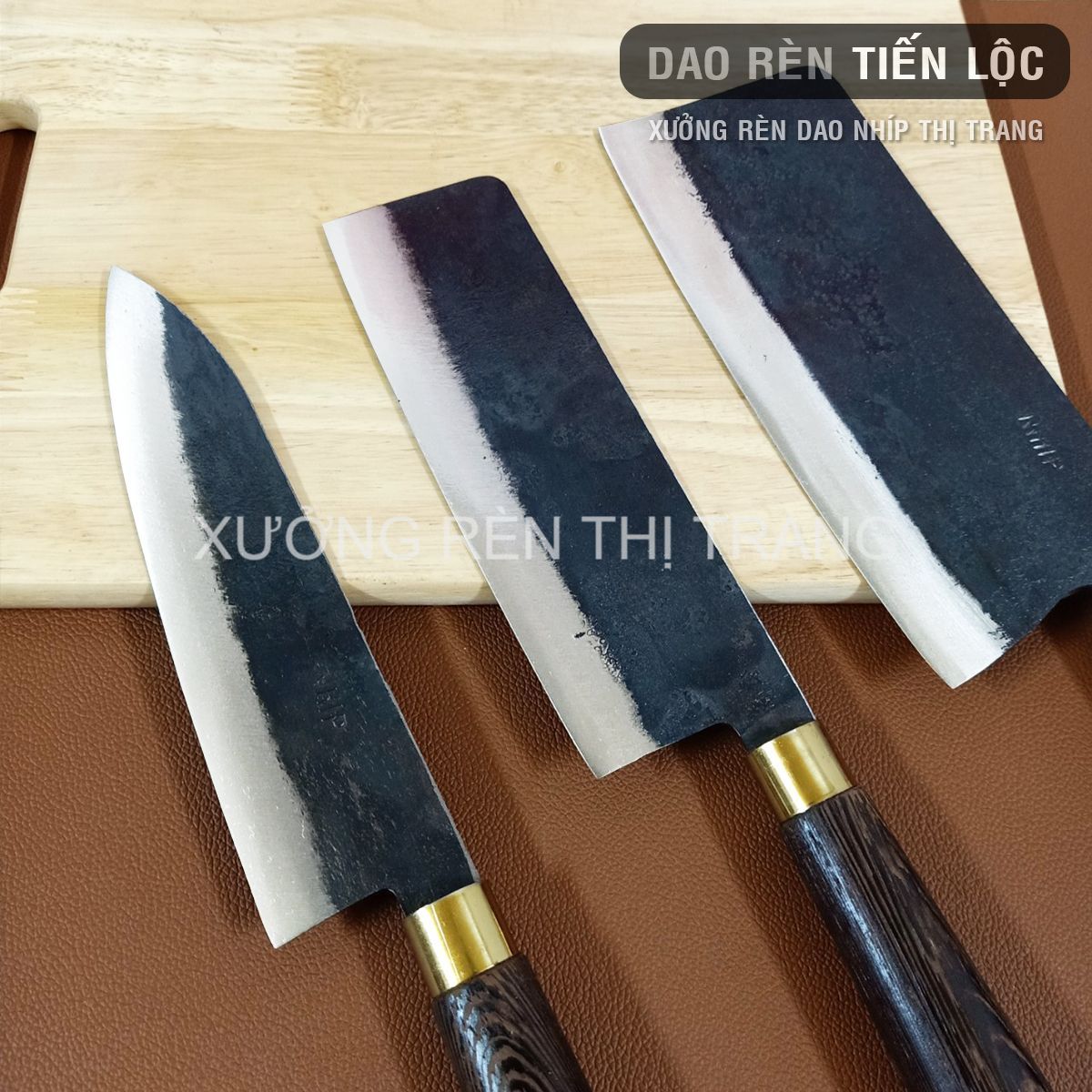 Bộ 3 Dao Nhà Bếp, Thép Nhíp Nga - Rèn Hoàn Toàn Thủ Công, Cán Gỗ Mun, Dao Chặt, Thái, Lọc